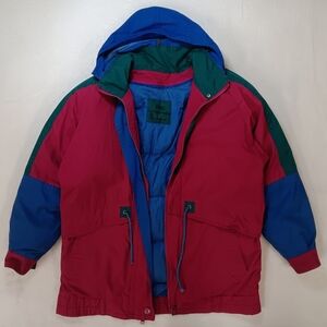 90s London Fog Ladies Puffer Ski Jacket - Pink, Blue, and Green L